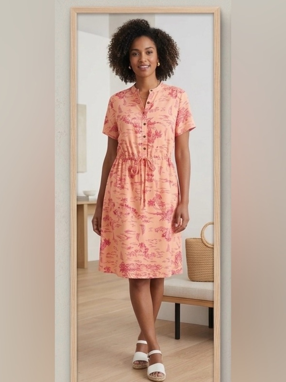 Lands' End Peach Button-Up Shirtdress with Coral Print